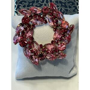 Vintage Signed Weiss Pink Rhinestone Wreath Brooch Gold Tone Mid Century